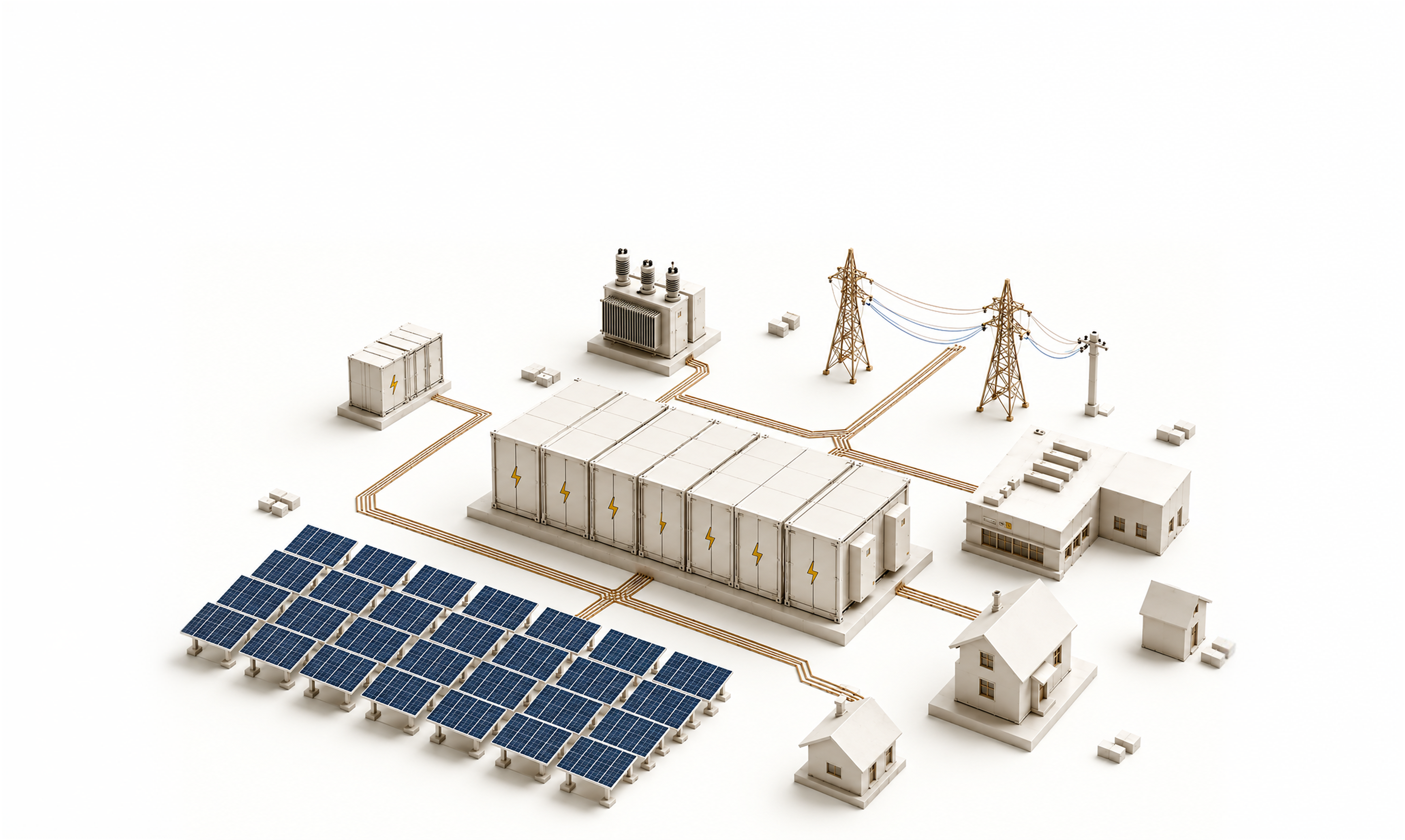Isometric residential and industrial energy network connected to battery storage through golden power pathways.